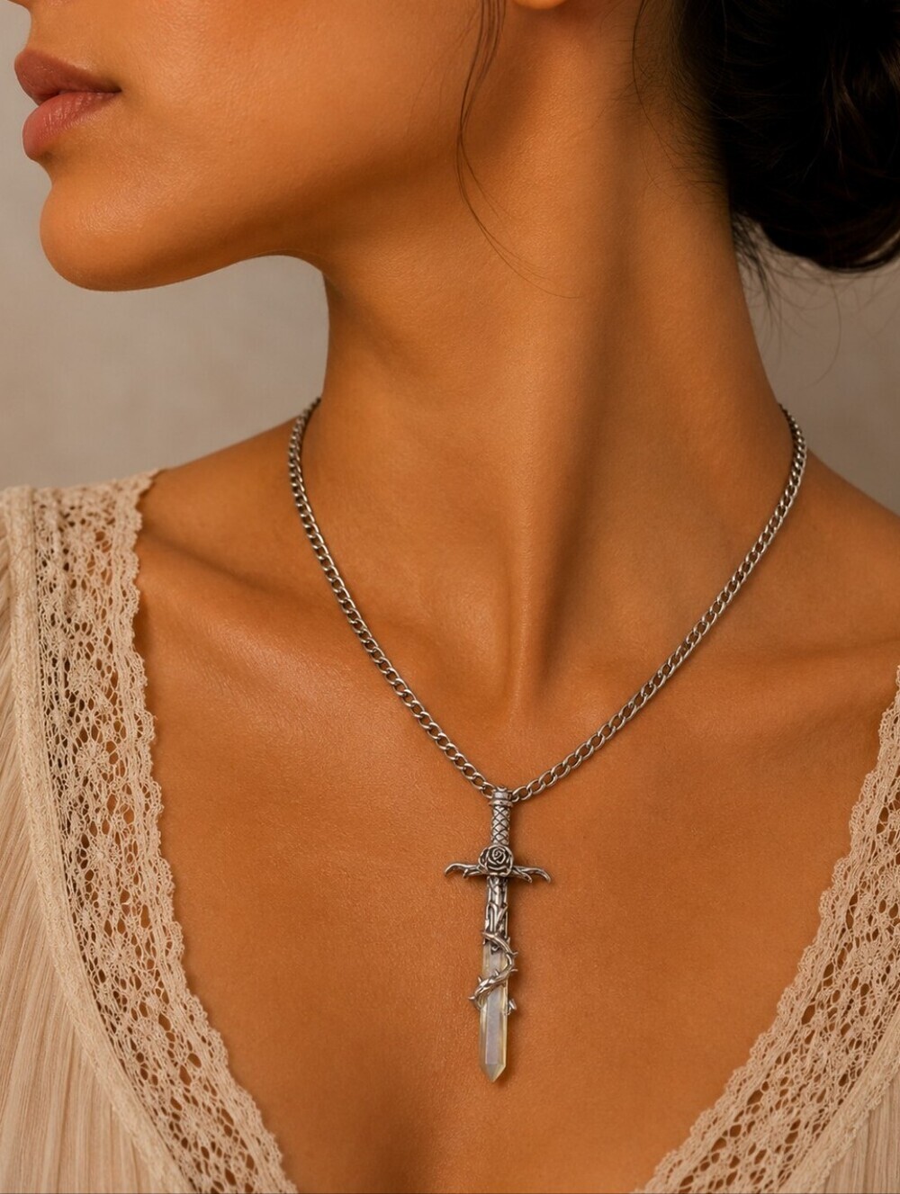 JPI Y2k Goth Grunge Rose Thorn Pewter Sword Pendant Necklace